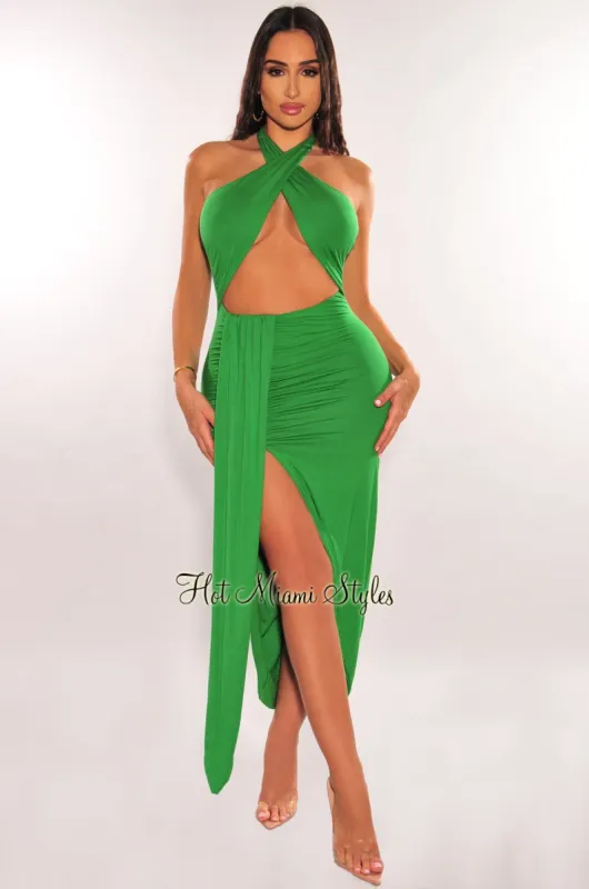 Green Halter Crisscross Cut Out Drape Ruched Slit Dress sold by Hot Miami Styles
