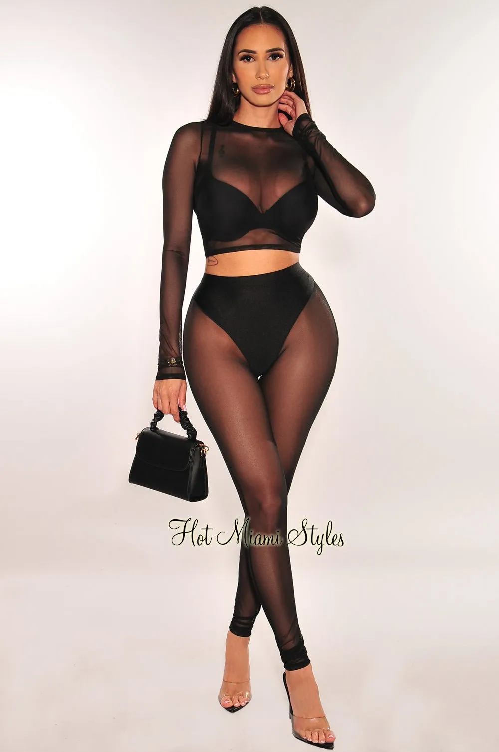 Black Mesh Sheer Long Sleeve High Waist Pants Two Piece Set sold by Hot Miami Styles