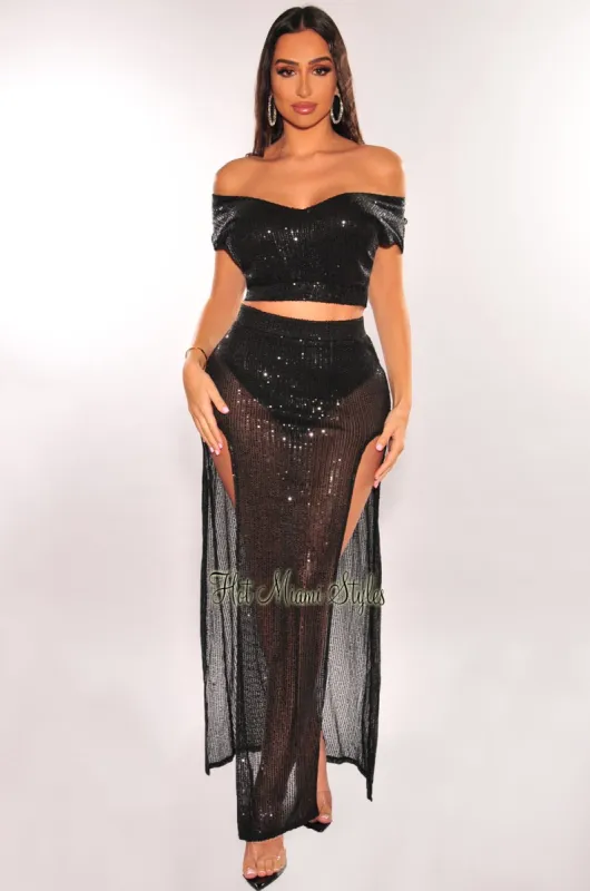 Black Sequins Sleeveless Double Slit Skirt Two Piece Set sold by Hot Miami Styles