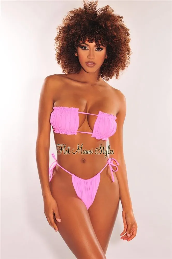 Hot Pink Ruched Bust Frill Padded Bandeau Bikini Bottom sold by Hot Miami Styles