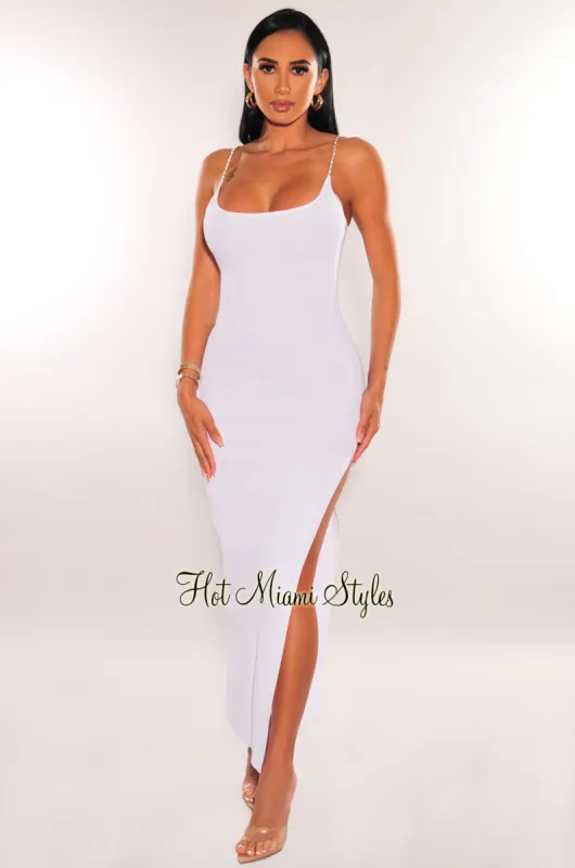 White Ribbed Gold Chain Spaghetti Strap Slit Dress sold by Hot Miami Styles