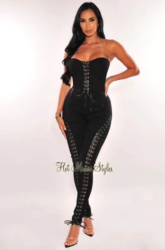 Black Strapless Bustier Lace Up Boned Pants Two Piece Set sold by Hot Miami Styles