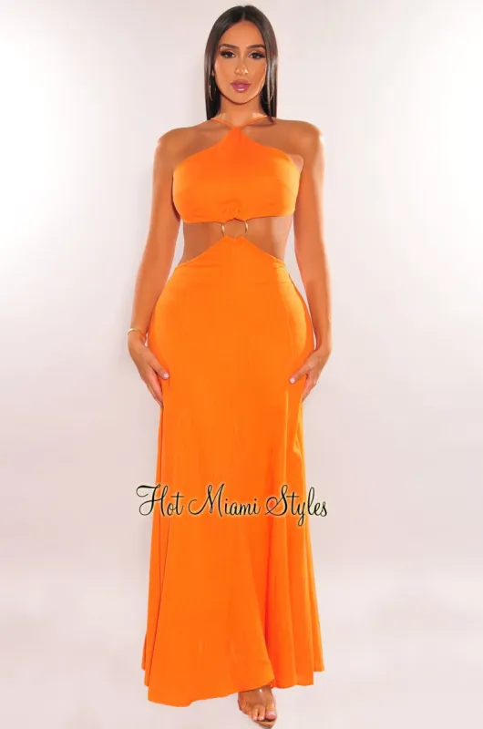 Orange Linen Halter O-Ring Cut Out Maxi Dress sold by Hot Miami Styles
