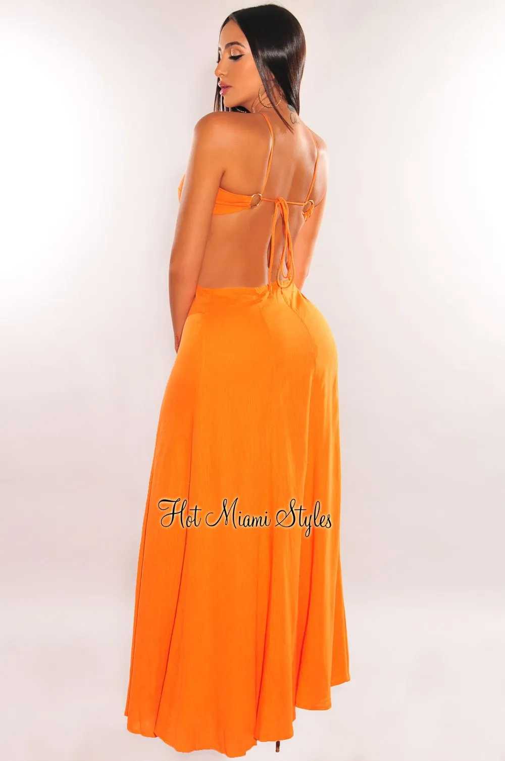 Orange Linen Halter O-Ring Cut Out Maxi Dress | Parallel