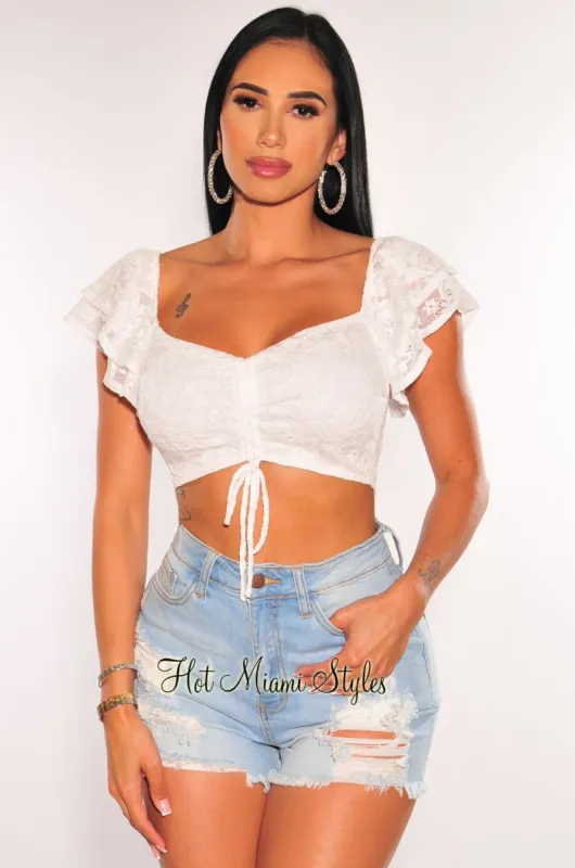 White Floral Lace Ruffle Sleeve Tie Up Ruched Crop Top sold by Hot Miami Styles