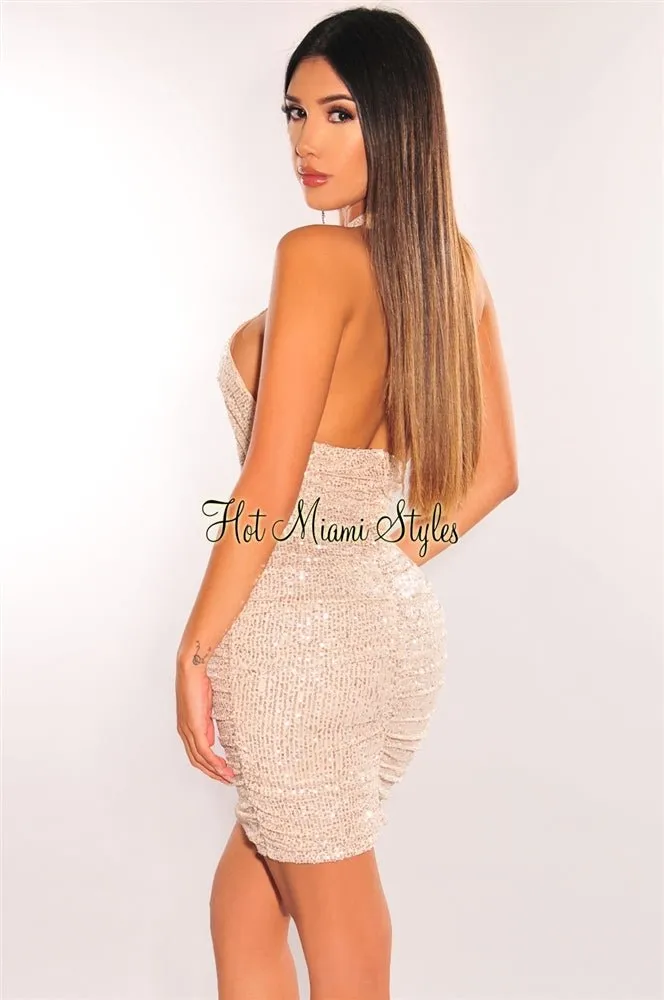 Champagne Sequins Halter CrissCross Cut Out Ruched Dress sold by Hot Miami Styles product image thumbnail 2