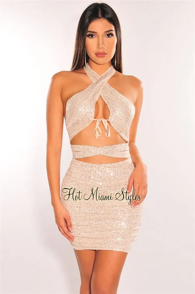 Champagne Sequins Halter CrissCross Cut Out Ruched Dress sold by Hot Miami Styles