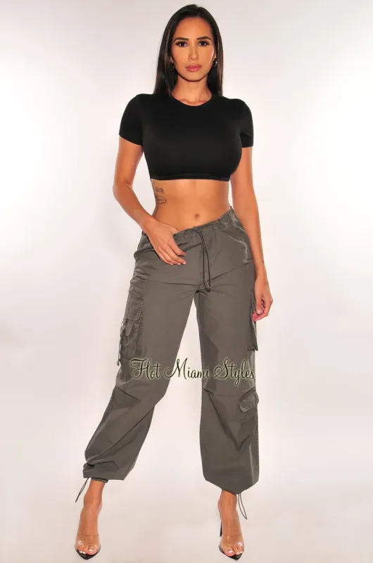 Charcoal High Waist Drawstring Cargo Parachute Pants sold by Hot Miami Styles