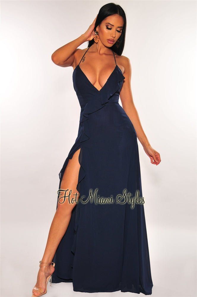 Navy Ruffle Slit Lace Up Maxi Dress sold by Hot Miami Styles product image thumbnail 3