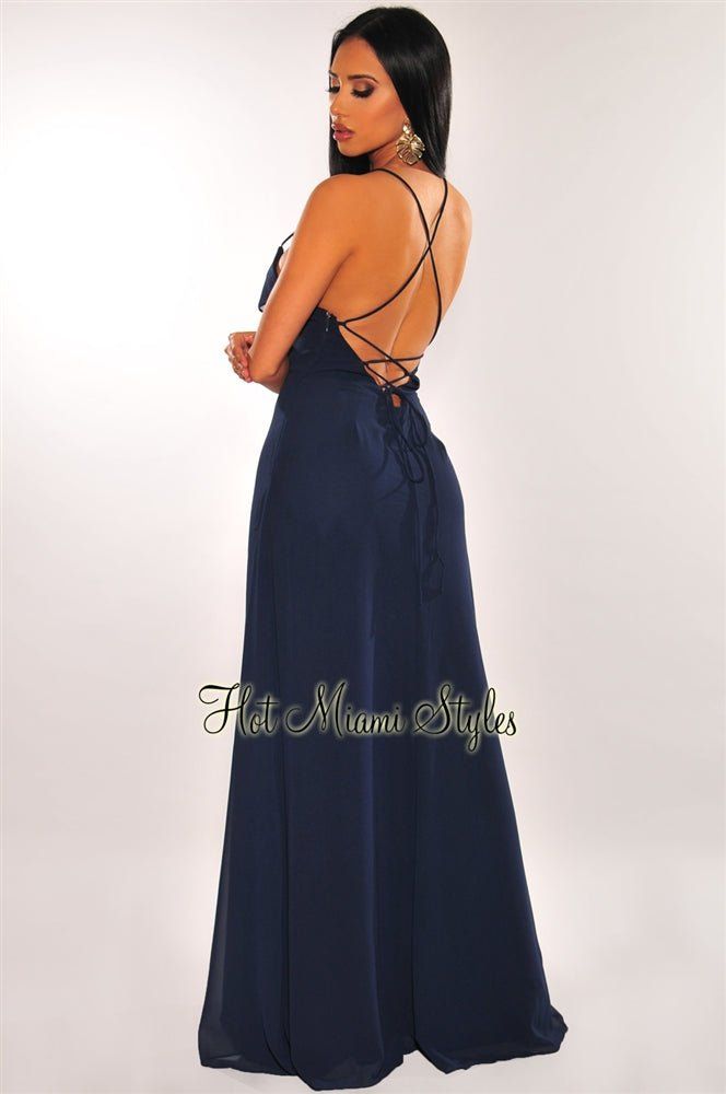 Navy Ruffle Slit Lace Up Maxi Dress sold by Hot Miami Styles product image thumbnail 5