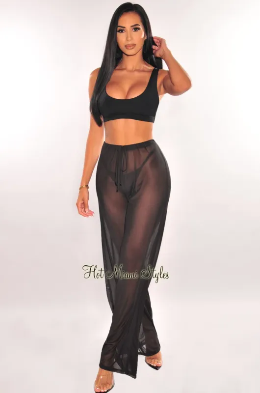 Black Mesh Drawstring Palazzo Cover Up Pants sold by Hot Miami Styles