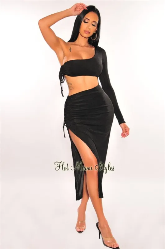 Black One Sleeve Cut Out Ruched Slit Maxi Dress sold by Hot Miami Styles