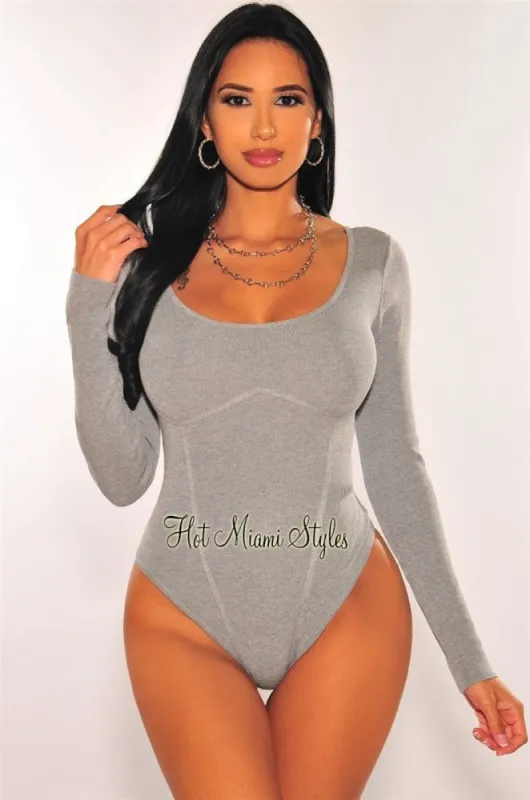 HMS Essential: Gray Ribbed Knit Faux Bustier Long Sleeves Bodysuit sold by Hot Miami Styles