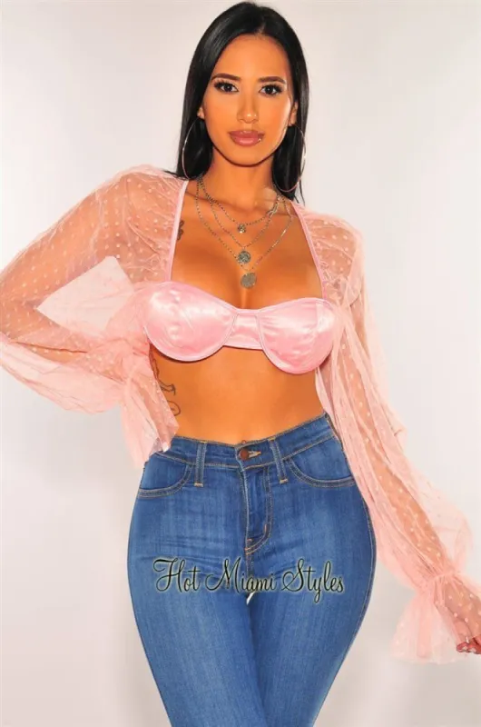 Blush Polka Dot Mesh Underwire Long Sleeves Bustier Crop Top sold by Hot Miami Styles