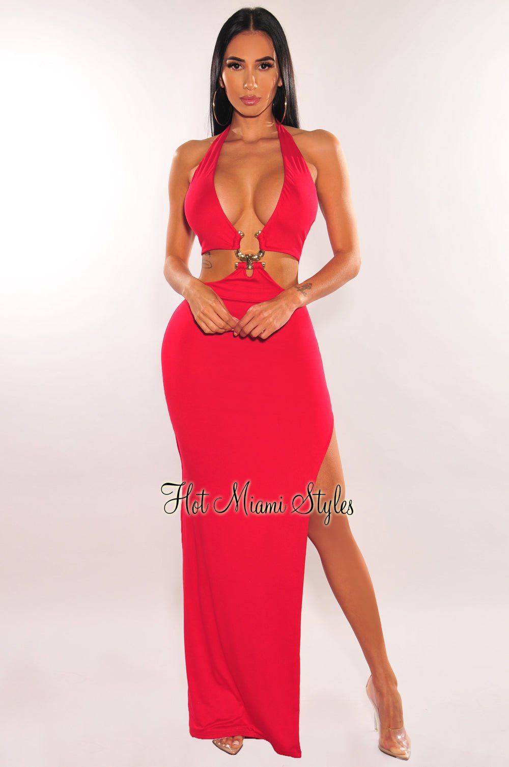 Red Halter Gold Ring Slit Maxi Dress sold by Hot Miami Styles