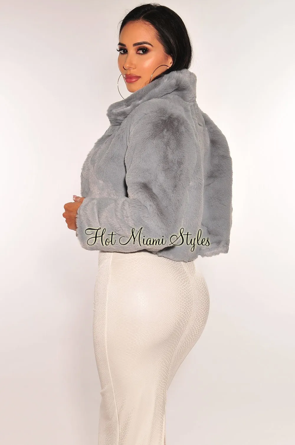Dusty Blue Faux Fur Collared Long Sleeve Cropped Jacket sold by Hot Miami Styles product image thumbnail 2