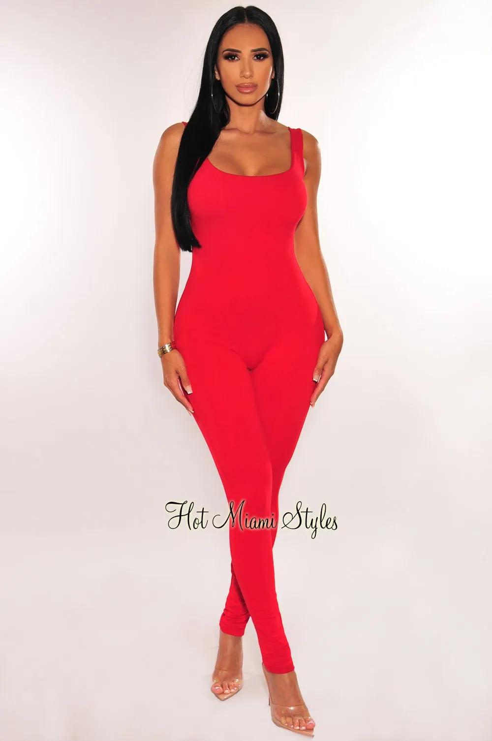 HMS Essential: Red Spaghetti Strap Open Back Perfect Fit Jumpsuit sold by Hot Miami Styles