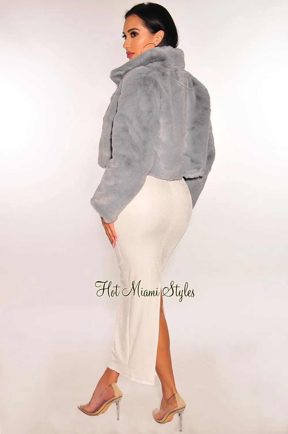 Dusty Blue Faux Fur Collared Long Sleeve Cropped Jacket sold by Hot Miami Styles product image thumbnail 4