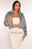 Dusty Blue Faux Fur Collared Long Sleeve Cropped Jacket sold by Hot Miami Styles