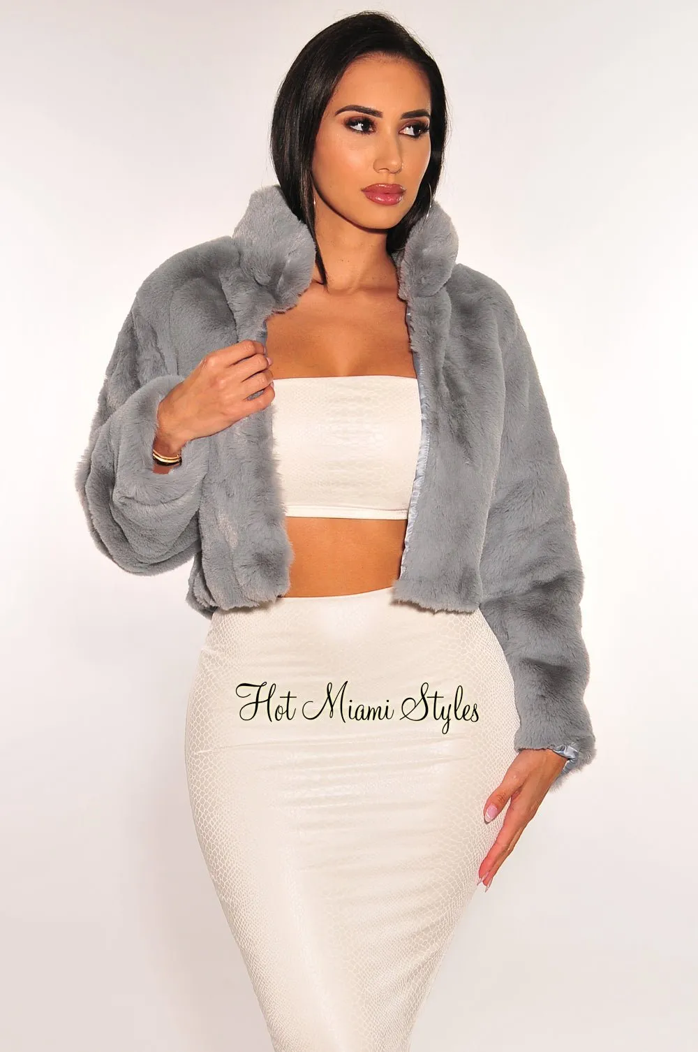 Dusty Blue Faux Fur Collared Long Sleeve Cropped Jacket sold by Hot Miami Styles