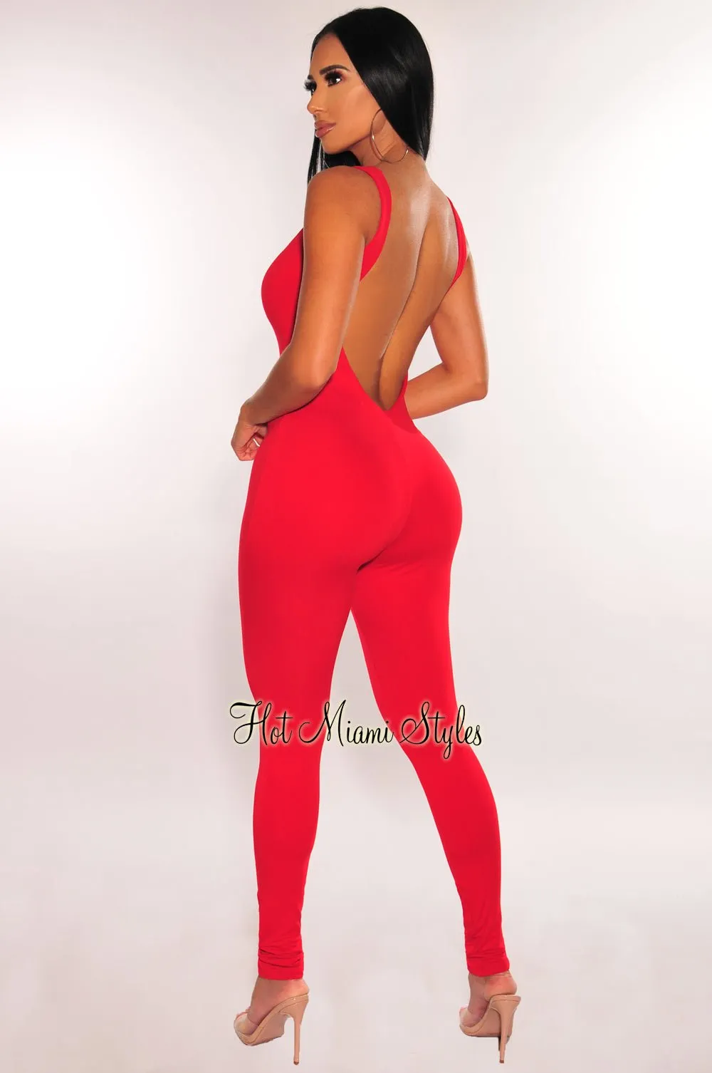 HMS Essential: Red Spaghetti Strap Open Back Perfect Fit Jumpsuit sold by Hot Miami Styles product image thumbnail 2