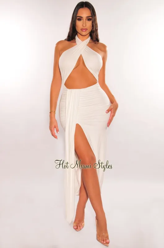White Halter Crisscross Cut Out Drape Ruched Slit Dress sold by Hot Miami Styles