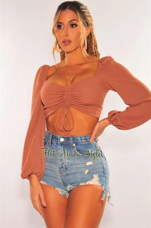 Mauve Ribbed Knit Padded Ruched Long Sleeve Crop Top sold by Hot Miami Styles
