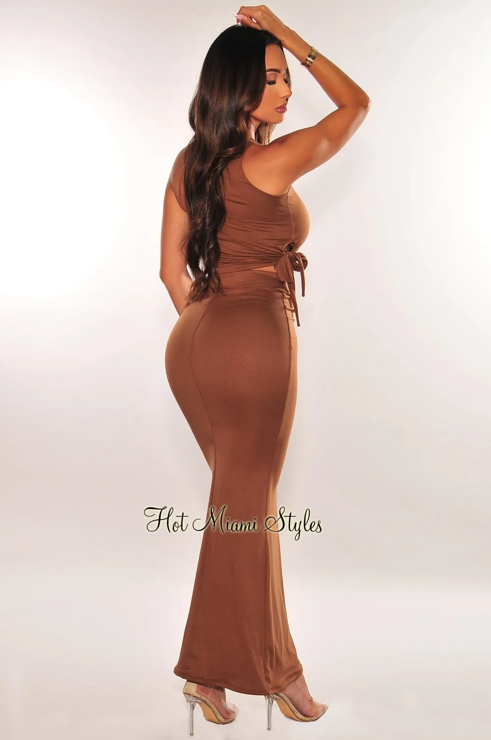 Brown Sleeveless Knot Skirt Two Piece Set sold by Hot Miami Styles product image thumbnail 2