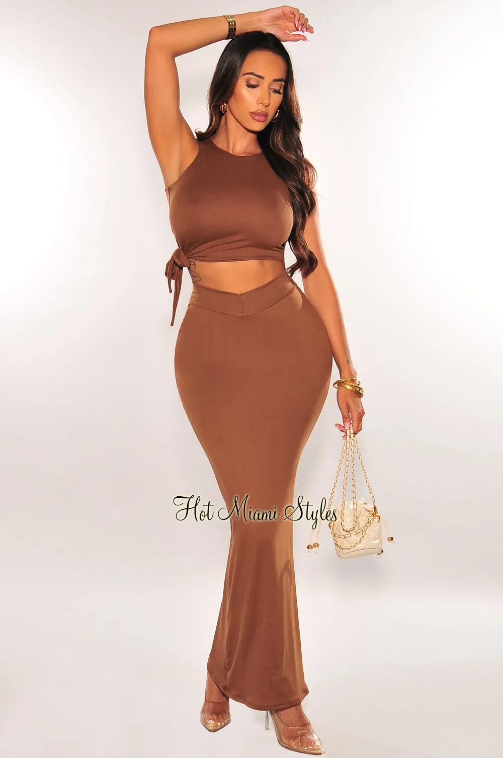 Brown Sleeveless Knot Skirt Two Piece Set sold by Hot Miami Styles