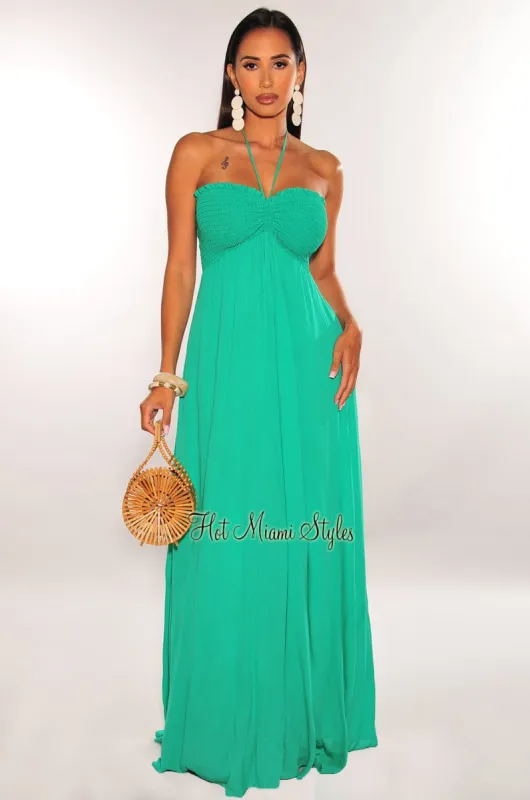 Green Smocked Halter Maxi Dress sold by Hot Miami Styles