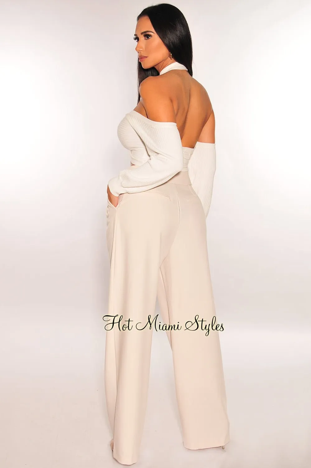 Ivory Ribbed Halter Twist Cut Out Cold Shoulder Cropped Top sold by Hot Miami Styles product image thumbnail 4