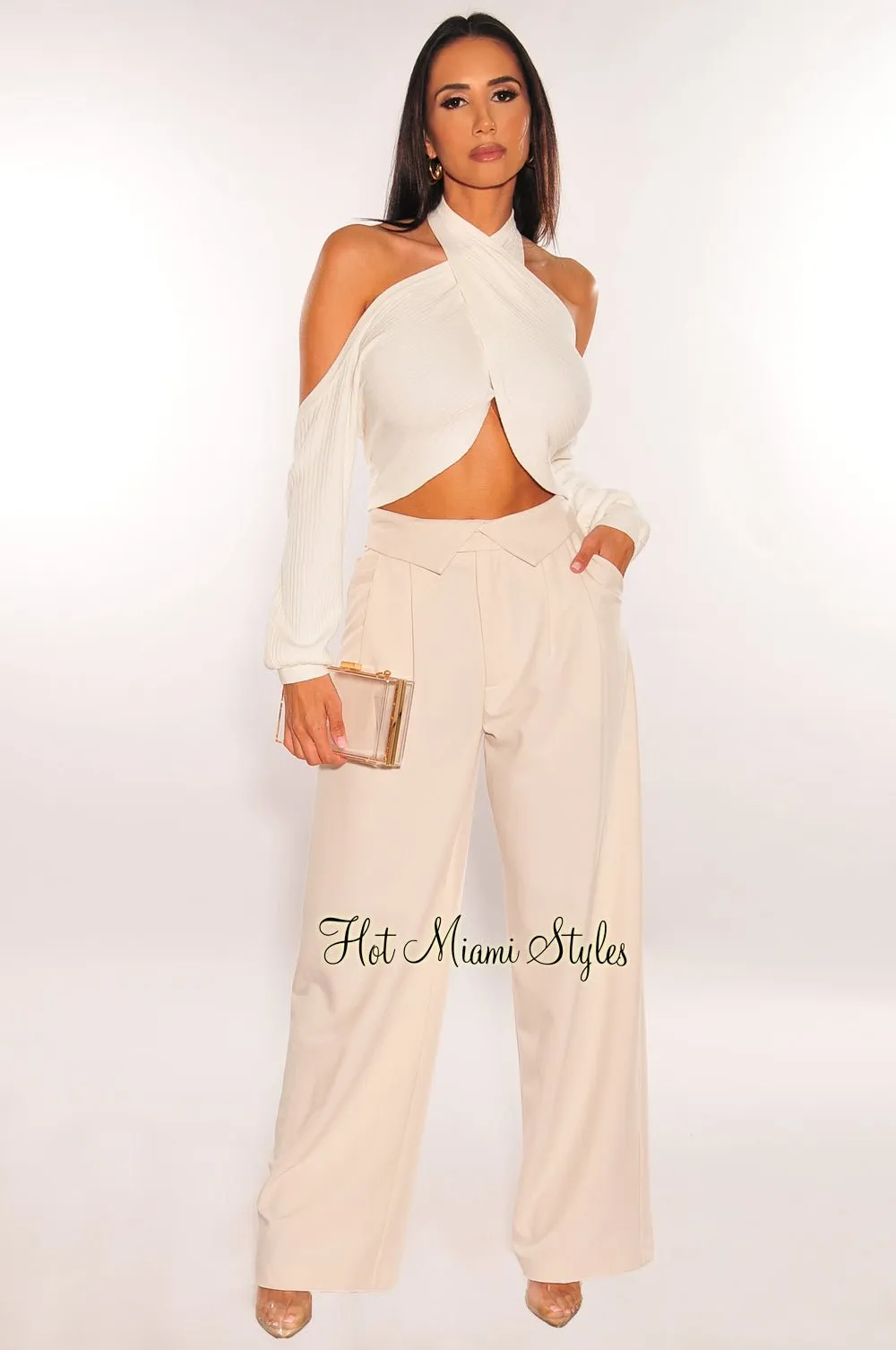 Ivory Ribbed Halter Twist Cut Out Cold Shoulder Cropped Top sold by Hot Miami Styles product image thumbnail 3