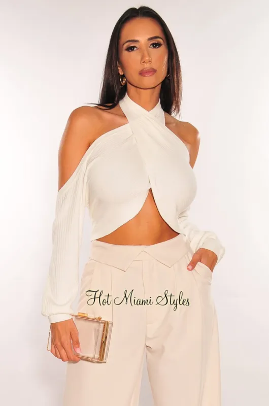 Ivory Ribbed Halter Twist Cut Out Cold Shoulder Cropped Top sold by Hot Miami Styles