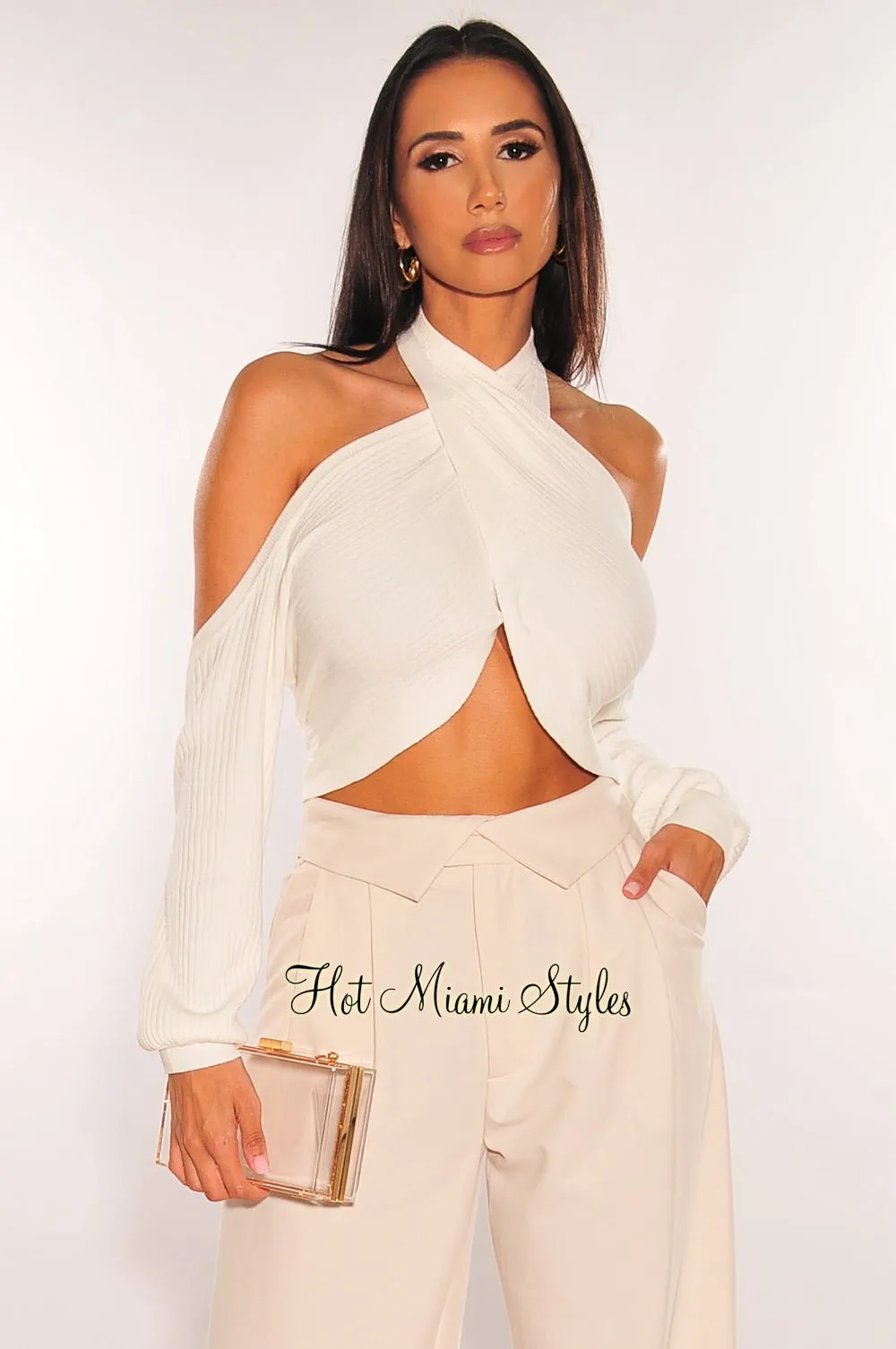 Ivory Ribbed Halter Twist Cut Out Cold Shoulder Cropped Top sold by Hot Miami Styles
