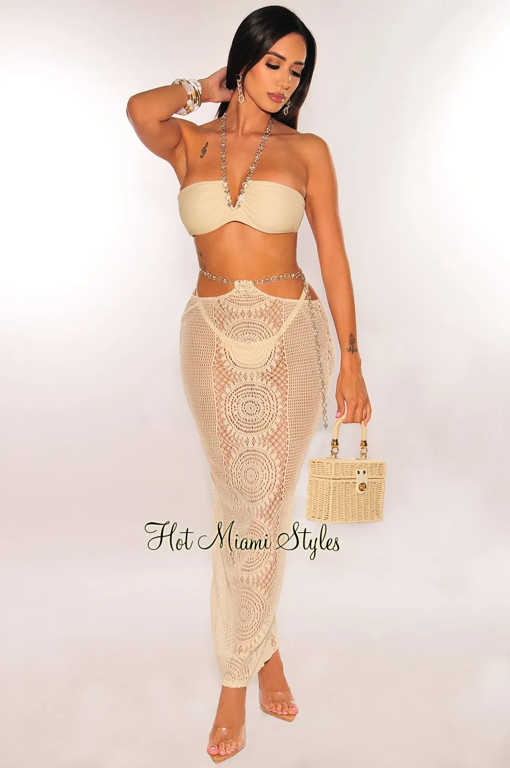 Cream Halter Jeweled Chain Bikini Skirt Three Piece Set sold by Hot Miami Styles