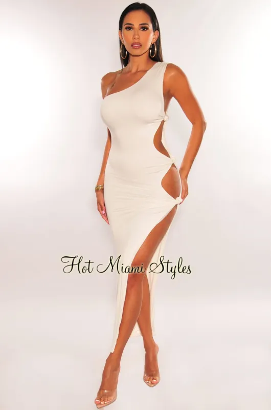 White One Shoulder Cut Out Knotted Slit Dress sold by Hot Miami Styles