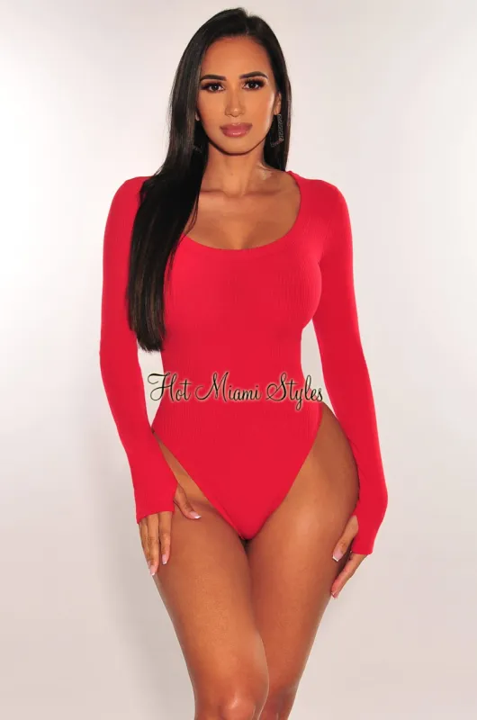 HMS Essential: Red Ribbed Round Neck Long Sleeves Bodysuit sold by Hot Miami Styles