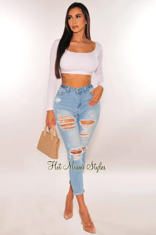 Light Denim High Waist Destroyed Skinny Ankle Jeans sold by Hot Miami Styles