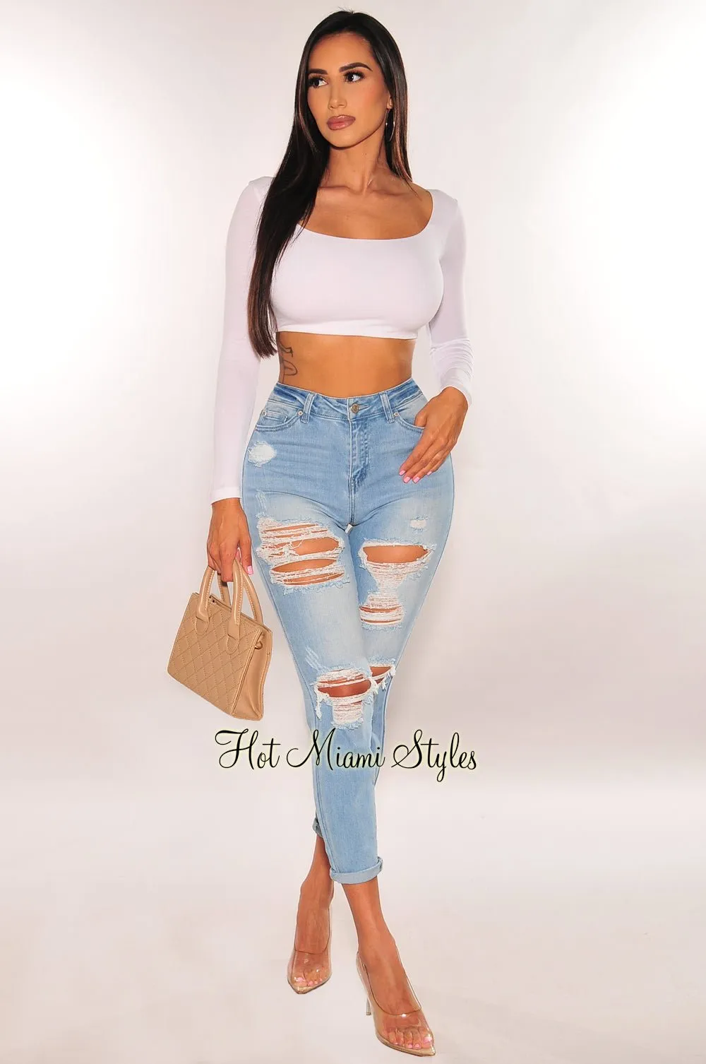 Light Denim High Waist Destroyed Skinny Ankle Jeans sold by Hot Miami Styles