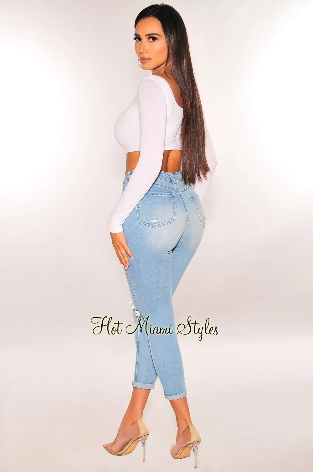 Light Denim High Waist Destroyed Skinny Ankle Jeans sold by Hot Miami Styles product image thumbnail 2