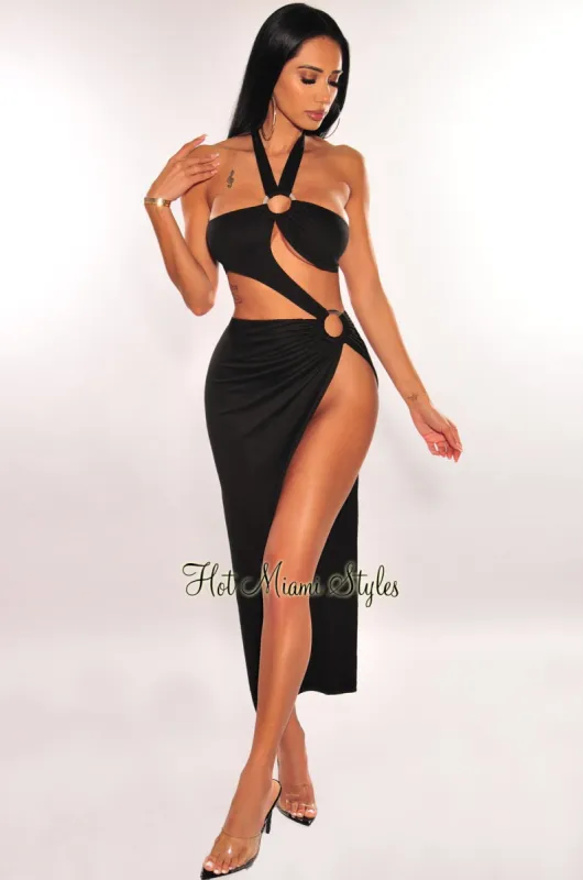 Black Halter O-Ring Cut Out Strap Slit Dress sold by Hot Miami Styles