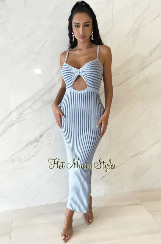 Sky Blue Ribbed Knit Spaghetti Strap Knotted Cut Out Double Slit Dress sold by Hot Miami Styles