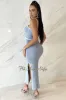 Sky Blue Ribbed Knit Spaghetti Strap Knotted Cut Out Double Slit Dress sold by Hot Miami Styles