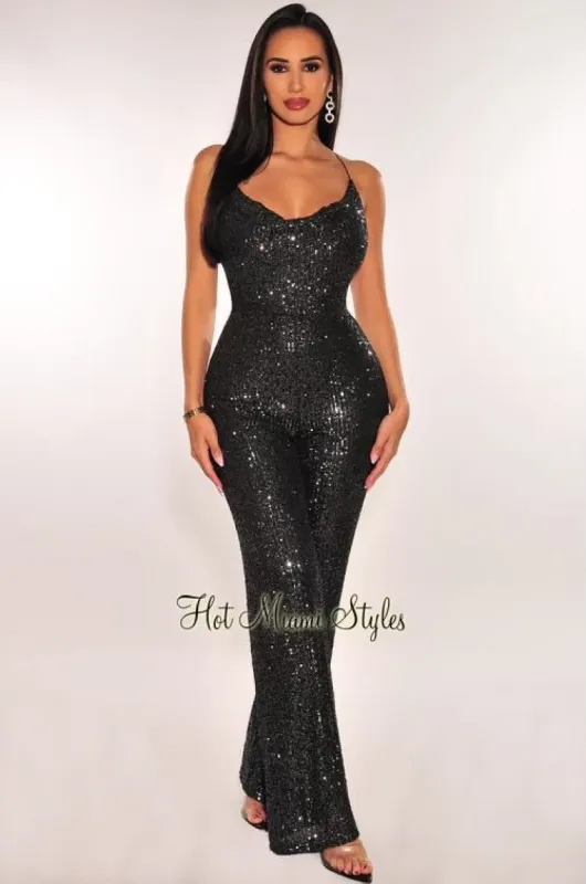 Gunmetal Sequins Cowl Neck Criss Cross Wide Leg Jumpsuit sold by Hot Miami Styles