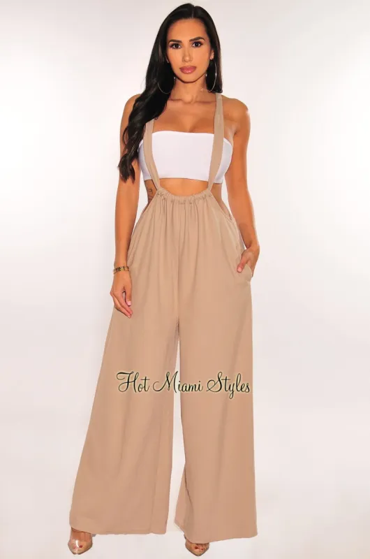Taupe Ribbed Tie Up Drawstring  Flare Suspender Overall Pants sold by Hot Miami Styles