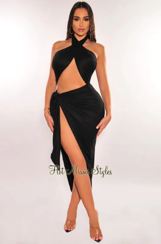 Black Halter Crisscross Cut Out Tie Up Asymmetrical Dress sold by Hot Miami Styles