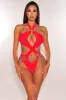Red Halter Gold O-Ring Cut Out Ruched Swimsuit sold by Hot Miami Styles