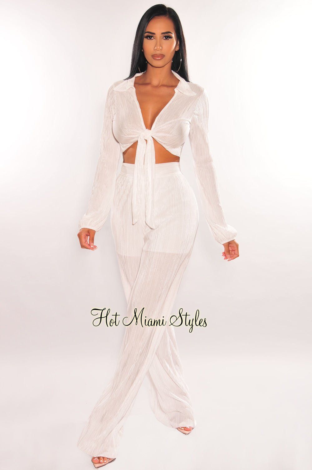 White Collared Long Sleeve Pleated Palazzo Pants Two Piece Set sold by Hot Miami Styles product image thumbnail 3