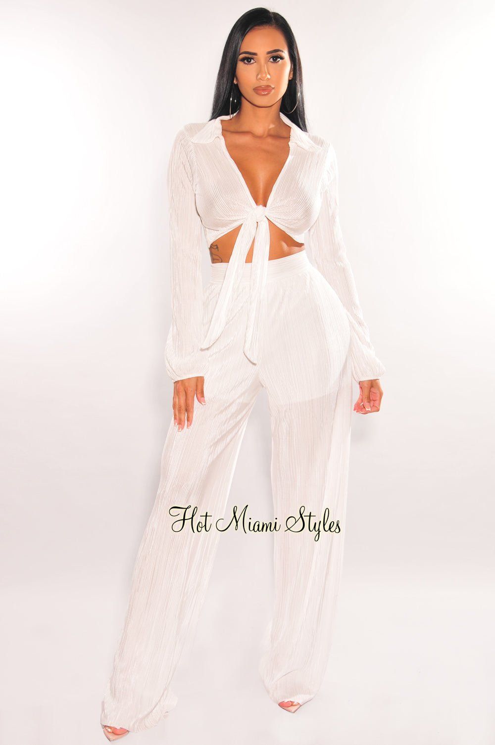 White Collared Long Sleeve Pleated Palazzo Pants Two Piece Set sold by Hot Miami Styles