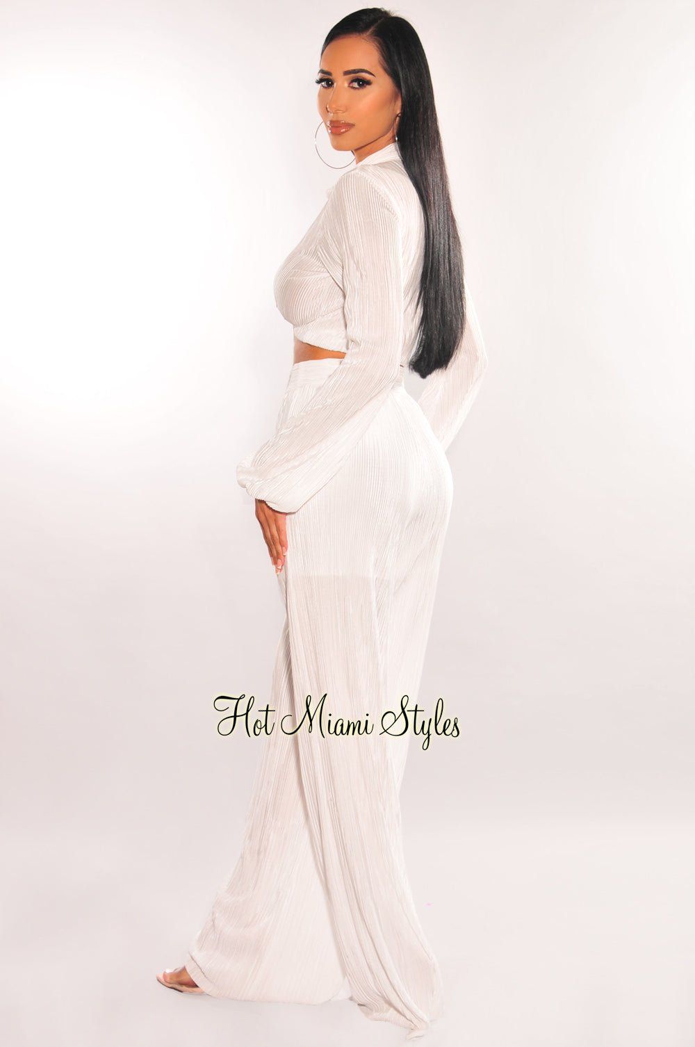 White Collared Long Sleeve Pleated Palazzo Pants Two Piece Set sold by Hot Miami Styles product image thumbnail 2